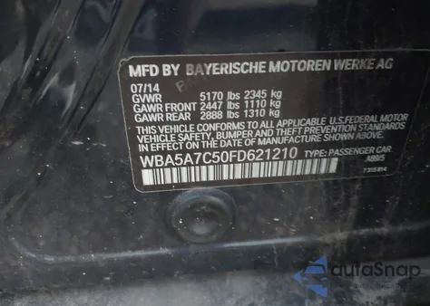 2015 BMW 528I xDrive из США, поврежденный, VIN WBA5A7C50FD621210